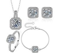 TOEECY Jewellery Set for Women Cubic Zirconia Necklace Bracelet Earrings and Ring Set Gifts for Wedding Costume Dress Prom (Silver)