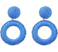 TOEECY Rattan Earrings Boho Hoop Earrings Raffia Circle Dangle Earrings for Women Girls Exaggerated Retro Statement Raffia Earrings Handmade Big Circle Bohemian Summer Beach Jewelry Gifts (Blue)