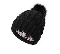 TOEECY Winter Hats for Women Pom Pom Beanie Hat Satin Lined Faux Fur Beanies Hat Warm Cable Knit Hats Protect Hairstyle Soft Bobble Hat for Ladies (Black)