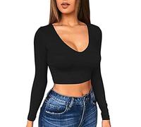 TOEECY Women's Long Sleeve Crop Tops Sexy Deep V Neck T Shirts Casual Bodycon Short Basic Tops Slim Fit Crop Top Tee Solid Tight Pullover (Black,S)