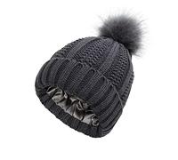 TOEECY Women's Pom Pom Beanie Satin Lined Faux Fur Warm Cable Knit Hat - Protect Hairstyle Soft Bobble Hat (Dark Grey)