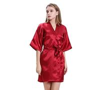 TOEECY Women's Robes Dressing Gown Satin V-Neck Soft Silk Lightweight Kimono Bathrobe for Bridal Loungewear Sleepwear Party (Red,L)