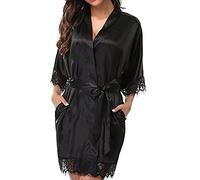 TOEECY Women's Short Kimono Robe Silky Satin Bathrobe Bride Bridesmaids Robes Lace Trim Dressing Gown Sexy V Neck Getting Ready Sleepwear Soft Nightgown (XL)