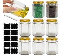 TOEKSIX 180ml/6oz Glass Jam Jar with Gold Lids 8Pack, Hexagonal Glass Jars Canning Storage Jars for Baby Food,Nuts,Spices or Handmade Desserts