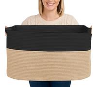Toemics Large Cotton Rope Storage Basket with Handle 65L Soft Laundry Hamper for Blanket, Pillow, Toy, Clothes Collapsible Woven Basket for Bedroom, Living Room, Nursery, 55x38x30cm (Black and Jute)