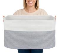 Toemics Large Cotton Rope Storage Basket with Handle 65L Soft Laundry Hamper for Blanket, Pillow, Toy, Clothes Collapsible Woven Basket for Bedroom, Living Room, Nursery, 55x38x30cm (White and Grey)
