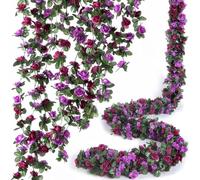 TOENAIK 3pcs 8FT Double Color Artificial Fake Rose Garland Red Vines Hanging Silk Flowers Artificial Flower for Outdoor Indoor Wedding Wall Badroom Decoration (Purple)