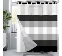 TOENGS Extra Long No Hook Shower Curtain with Snap-in Liner, Black Grey White Striped Modern Minimalist Bath Curtain, Hotel Quality Bathroom Decor with Mesh Top Window, 71x80 Inch