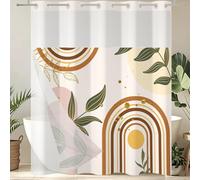 TOENGS No Hook Shower Curtain with Snap in Liner - Mid Century Boho Waterproof Hotel Fabric & Mesh Top Window, Orange and Gold Tropical Monstera Leaf Print, 72"x72"