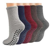Toes Home Fuzzy Socks Men with Grips, Winter Fluffy Slipper Socks Hospital Cozy Warm Non-slip Thick 5 Pairs, Solid Series B, Medium