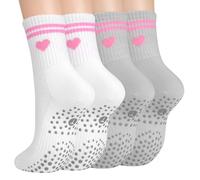 Toes Home Pilates Socks for Women with Non Slip Grippers, Yoga Crew Socks for Barre Hospital Sticky Slipper Socks 4 Pairs, Pink Heart, 4.5-9 UK