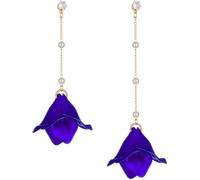 TOFBS Earrings for Women Rose Flower Pendant Pearls Tassel Long Earrings S925 Sterling Silver Hypoallergenic Cubic Zirconia Dangly Drop Boho Statement Petal Earrings Blue