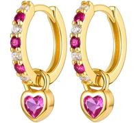 TOFBS Earrings for Women Sweet Heart Gold Hoop Earrings Collection Rainbow Zircon Mosaic Gemstone Circle Huggie Diamond 925 Silver Earrings Jewelry Gifts Red