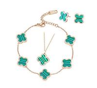 TOFBS Four-Leaf Clover Jewellery Set for Women Girls 18K Rose Gold Plated Stainless Steel Double-sided Green Black Four-Leaf Clover Pendant Necklace Stud Earrings Bracelet Jewellery Set (Green)