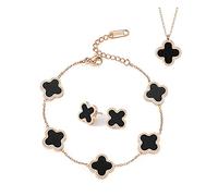 TOFBS Four-Leaf Clover Jewellery Set for Women Girls 18K Rose Gold Plated Stainless Steel Double-sided Black White Pendant Necklace Stud Earrings Bracelet Jewellery Set (Black)