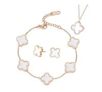 TOFBS Four-Leaf Clover Jewellery Set for Women Girls 18K Rose Gold Plated Stainless Steel Double-sided White Black Four-Leaf Clover Pendant Necklace Stud Earrings Bracelet Jewellery Set (White)