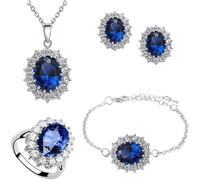 TOFBS Jewellery Set for Women and Girls Cubic Zirconia Pendant Necklace Earrings Bracelet and Ring Set Princess Diana Jewellery Set (Royal Blue)