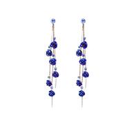 TOFBS Rose Flower Pendant Tassel Earrings - S925 Sterling Silver, Cubic Zirconia, Blue - Long Dangly Drop Retro Boho Statement Earrings for Women and Girls