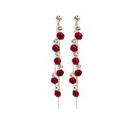 TOFBS S925 Sterling Silver Rose Flower Pendant Tassel Earrings with Cubic Zirconia - Retro Boho Statement Drop Dangly for Women and Girls