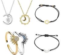 TOFBS Sun And Moon Jewellery Sets Adjustable Celestial Sparkling Ring And Necklace Bracelets Set Silver Gold Plate Matching Ring Valentine's Day Jewellery Gift Set for Women Girls SETA