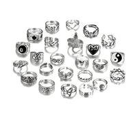 TOFBS Vintage Silver Punk Rings Set - Men & Women Chunky Knuckle, Emo, Stackable Animal, Goth, Boho Y2K Ace, Butterfly, Snake Skull, Heart, Flower Rings (24 Pcs)