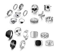 TOFBS Vintage Silver Punk Rings Set - Men Women Open Chunky Knuckle Emo Stackable Animal Boho Y2K Ace Butterfly Snake Skull Heart Flower Rings (21 Pcs)