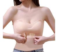 TOFBS Women Strapless Front Buckle Lift Bra Wire-Free Non-Slip Invisible Push Up Bandeau Bra with Removable Shoulder Strap (Beige,M)