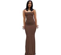 TOFBS Women's Spaghetti Strap Sleeveless Long Dress - Casual Backless Bodycon Maxi, Sexy Fish Tail for Club Party, Summer Cocktail (Brown, S)