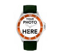 Toff London Personalised Engravable Photo Gifts for Men and Boys, Analogue Quartz Movement Watch with Orange Bezel and Green Leather Strap, Custom Made Watch