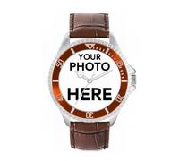 Toff London Personalised Engravable Photo Gifts for Men and Boys, Analogue Quartz Movement Watch with Brown Bezel and Brown Leather Strap, Custom Made Watch