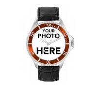 Toff London Personalised Engravable Photo Gifts for Men and Boys, Analogue Quartz Movement Watch with Brown Bezel and Black Leather Strap, Custom Made Watch