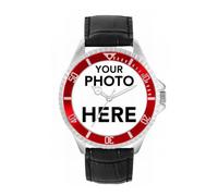 Toff London Personalised Engravable Photo Gifts for Men and Boys, Analogue Quartz Movement Watch with Red Bezel and Black Leather Strap, Custom Made Watch