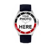 Toff London Personalised Engravable Photo Gifts for Men and Boys, Analogue Quartz Movement Watch with Two Tone Black Red Bezel and Blue Leather Strap, Custom Made Watch