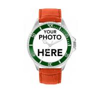 Toff London Personalised Engravable Photo Gifts for Men and Boys, Analogue Quartz Movement Watch with Green Bezel and Orange Leather Strap, Custom Made Watch