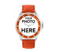 Toff London Personalised Engravable Photo Gifts for Men and Boys, Analogue Quartz Movement Watch with Orange Bezel and Orange Leather Strap, Custom Made Watch