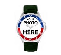 Toff London Personalised Engravable Photo Gifts for Men and Boys, Analogue Quartz Movement Watch with Two-Tone Bezel and Green Leather Strap, Custom Made Watch