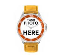 Toff London Personalised Engravable Photo Gifts for Men and Boys, Analogue Quartz Movement Watch with Orange Bezel and Yellow Leather Strap, Custom Made Watch