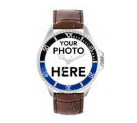 Toff London Personalised Engravable Photo Gifts for Men and Boys, Analogue Quartz Movement Watch with Two Tone Black Blue Bezel and Black Leather Strap, Custom Made Watch