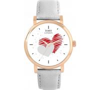 Toff London Red and Grey Hearts 38 or 42mm Hand Assembled with Chic Hand Sketched Stylish dial, Multiple Colours of Leather or Metal Straps, Quartz 3-Hand Japanese Movement Watch