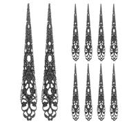 Tofficu 10Pcs Finger Nail Claws Rings for Halloween Cosplay Black | Gothic Hollow Out Long Metal Fingertip Covers, Ancient Queen Costume Claw Armour Rings Accessories Set (12cm)