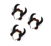 Tofficu 3pcs Gothic Devil Horns Headband with Veil and Faux Rose Halloween Cosplay Hair Accessory for Party Mardi Gras Dark Witch Costume Gothic Headwear for Women