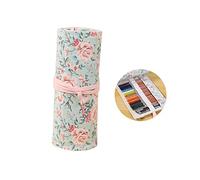 Tofficu 48holes Canvas Portable Knitting Pencil Roll Organizer with Elastic Slots Elegant Pink Floral Design for Artists and Students for Storing Markers Brushes and Gel Pens