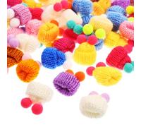 Tofficu 50pcs Mini Knitted Woolly Hats Double Pom Poms, Tiny Decorative Hats for Doll Making, DIY Craft Accessories for Christmas Ornaments and Party Decorations