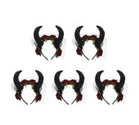 Tofficu 5pcs Gothic Devil Horns Headband with Veil and Faux Rose Halloween Cosplay Hair Accessory for Party Mardi Gras Witch Costume Headwear Dark Festival Hair Decor