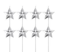 Tofficu 8 Pcs Silver Star Shape Birthday Cake Decorations with Three-Dimensional Five-Pointed Star Candles, Paraffin and Abs Material, Smoke-Free Burning, for Home Decoration and Wedding