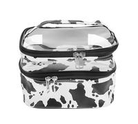Tofficu Cow Pattern Dual-Layer Makeup Bag, Large Capacity Portable Travel Wash Pouch with Zipper, Handheld Cosmetics Organizer for Women