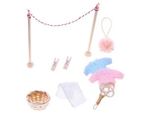 Tofficu Elegant Mini Clothesline Model Set Dusting Brush Washing Line Sturdy Material Toy Drying Rack for Dollhouse Laundry Props