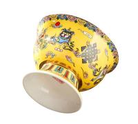 Tofficu Enamel Painted Ceramic Offering Bowl Yellow Eight Auspicious Symbols Footed Sacrificial Vessel for Buddhist Rituals Meditation Temple Decoration