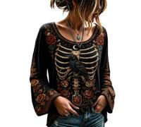 TOFOTL Halloween Tops for Women UK Womens Halloween Relaxed Festive Loose | Breathable Vintage Soft Skeleton Lightweight Batwing Long Sleeve Comfortable Graphic Scoop Halloween Shirt