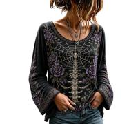 TOFOTL Halloween Tops for Women UK Womens Halloween Relaxed Festive Loose | Breathable Vintage Soft Skeleton Lightweight Batwing Long Sleeve Comfortable Graphic Scoop Halloween Shirt